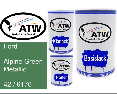 Ford, Alpine Green Metallic, 42 / 6176: 500ml Lackdose + 500ml Klarlack + 250ml Härter - Set, von ATW Autoteile West.